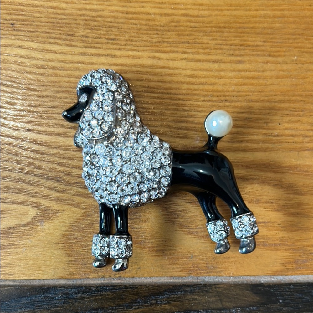 Elegant Black and Silver Rhinestone Poodle Brooch